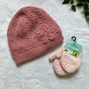 Toddler Girls Knit Winter Hat 12-24M Joe Fresh Pink Beanie + Bonus Mittens GUC